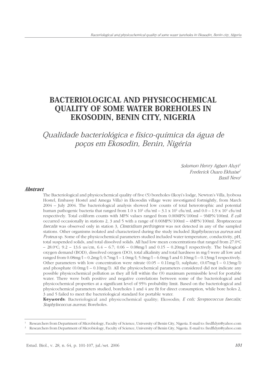 Pdf Bacteriological And Physicochemical Quality Of Some Water Boreholes In Ekosodin Benin City Nigeria