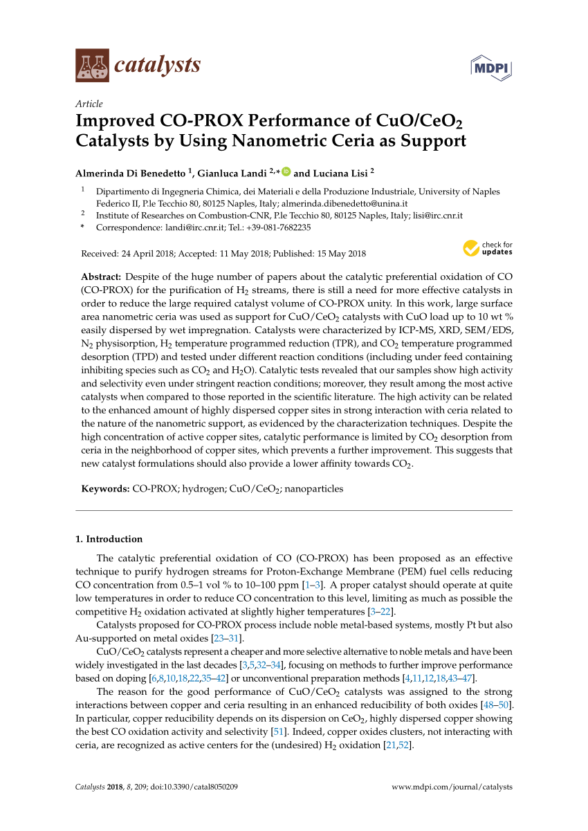 Pdf Improved Co Prox Performance Of Cuo Ceo2 Catalysts By Using Nanometric Ceria As Support