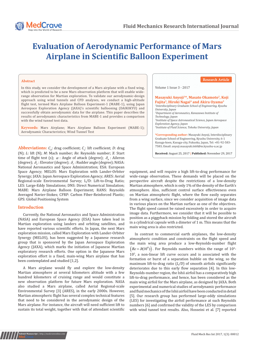 PDF) Evaluation of Aerodynamic Performance of Mars Airplane in 