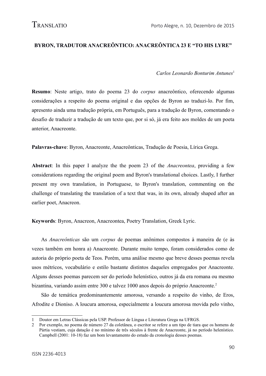 PDF) Byron, tradutor anacreôntico: Anacreôntica 23 e To his lyre