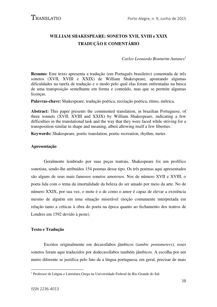 PDF) WILLIAM SHAKESPEARE: SONETOS XVII, XVIII e XXIX–TRADUÇÃO E