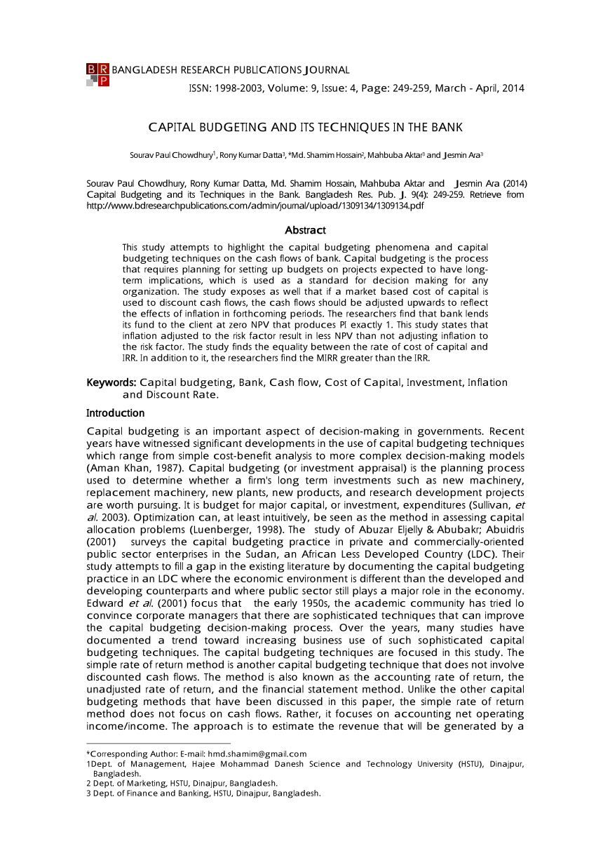 research papers capital budgeting techniques