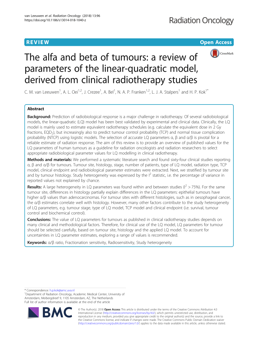 Pdf The Alfa And Beta Of Tumours A Review Of Parameters Of The Linear Quadratic Model Derived From Clinical Radiotherapy Studies