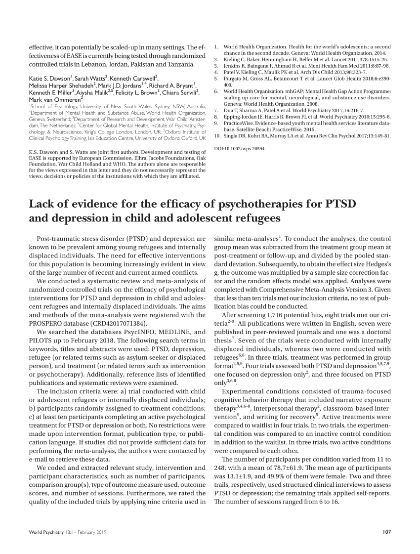 Pdf Lack Of Evidence For The Efficacy Of Psychotherapies For Ptsd And Depression In Child And Adolescent Refugees