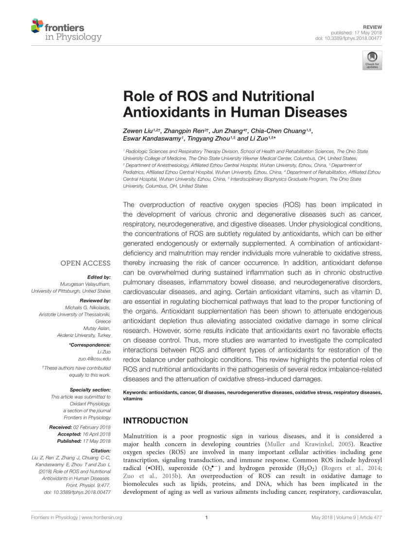 Pdf Role Of Ros And Nutritional Antioxidants In Human Diseases