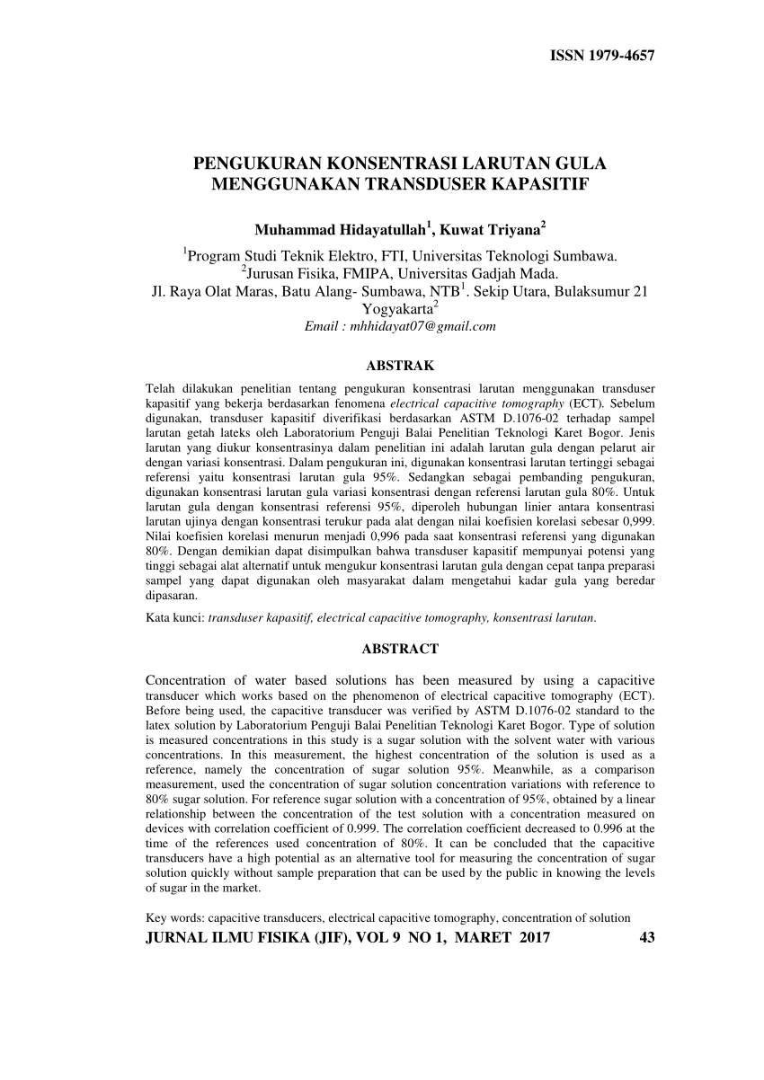 Pdf Pengukuran Konsentrasi Larutan Gula Menggunakan Transduser Kapasitif 5410