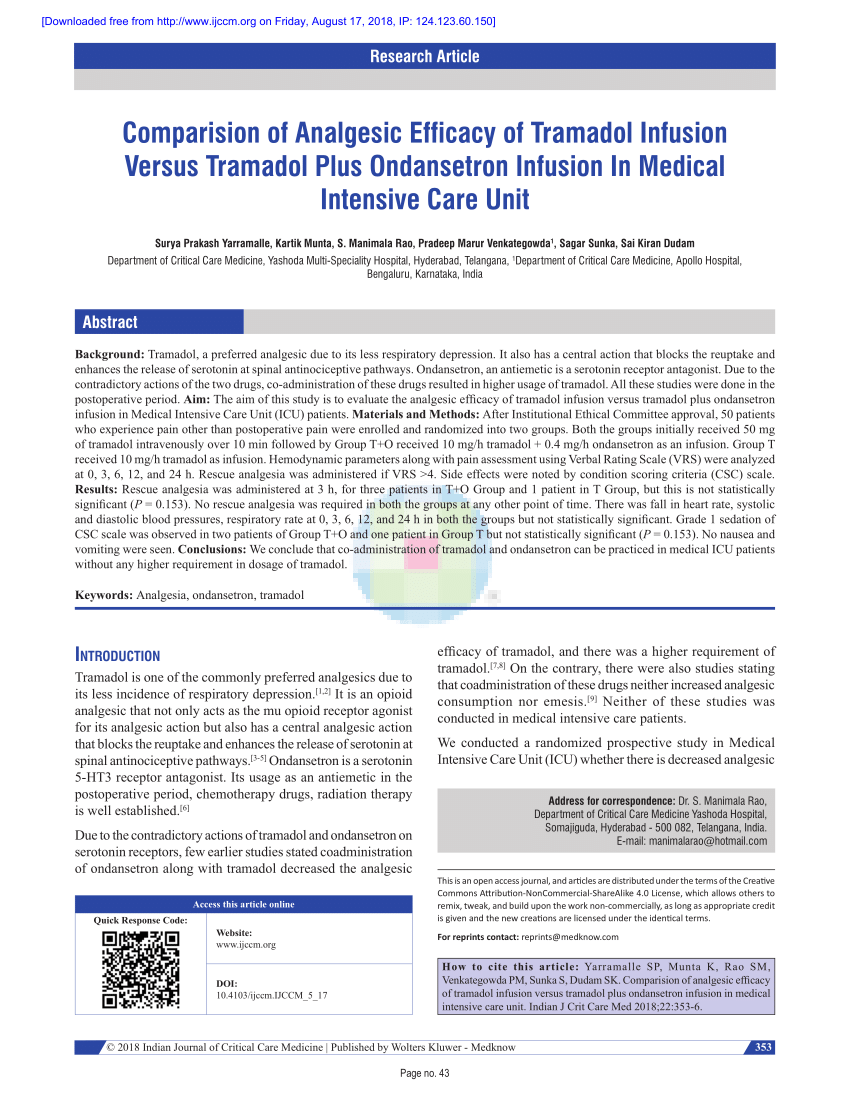 Pdf Comparision Of Analgesic Efficacy Of Tramadol Infusion Versus Tramadol Plus Ondansetron Infusion In Medical Intensive Care Unit