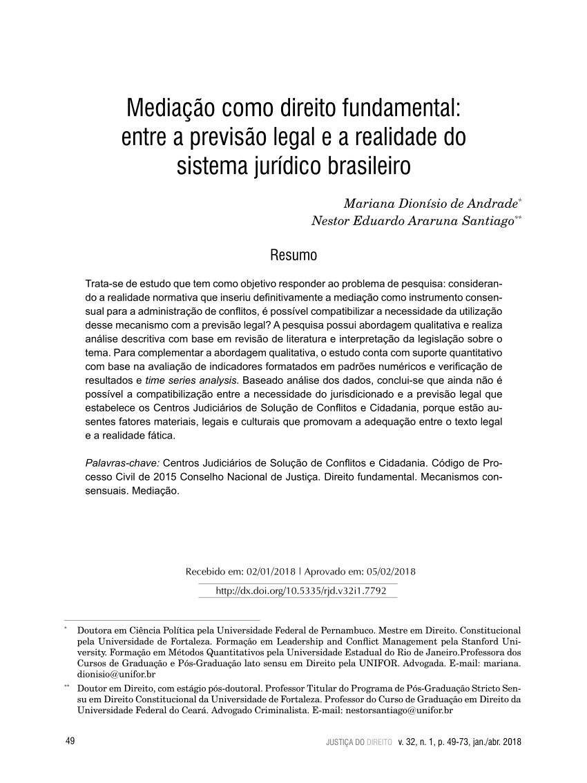 Pdf Mediação Como Direito Fundamental Entre A Previsão Legal E A Realidade Do Sistema 6201