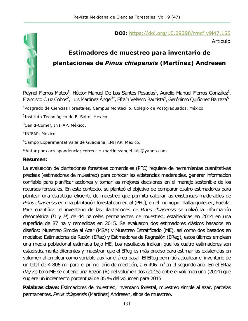 Pdf Estimadores De Muestreo Para Inventario De Plantaciones De Pinus Chiapensis Martínez 2716