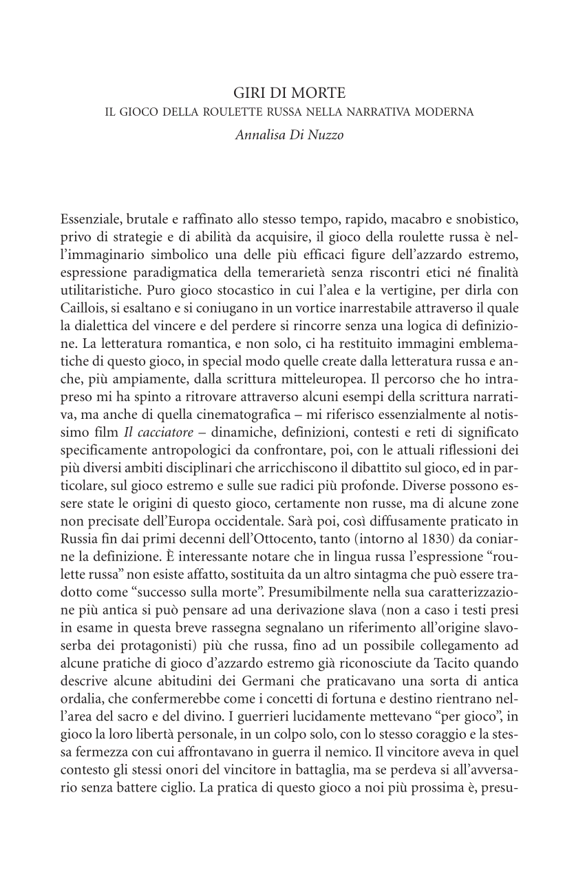 Pdf Giri Di Morte Il Gioco Della Roulette Russa Nella Narrativa Moderna