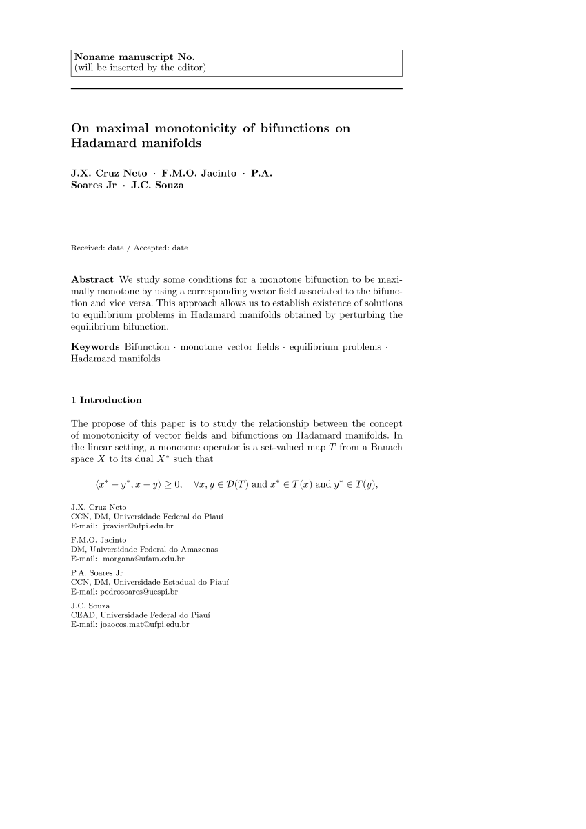 Pdf On Maximal Monotonicity Of Bifunctions On Hadamard Manifolds