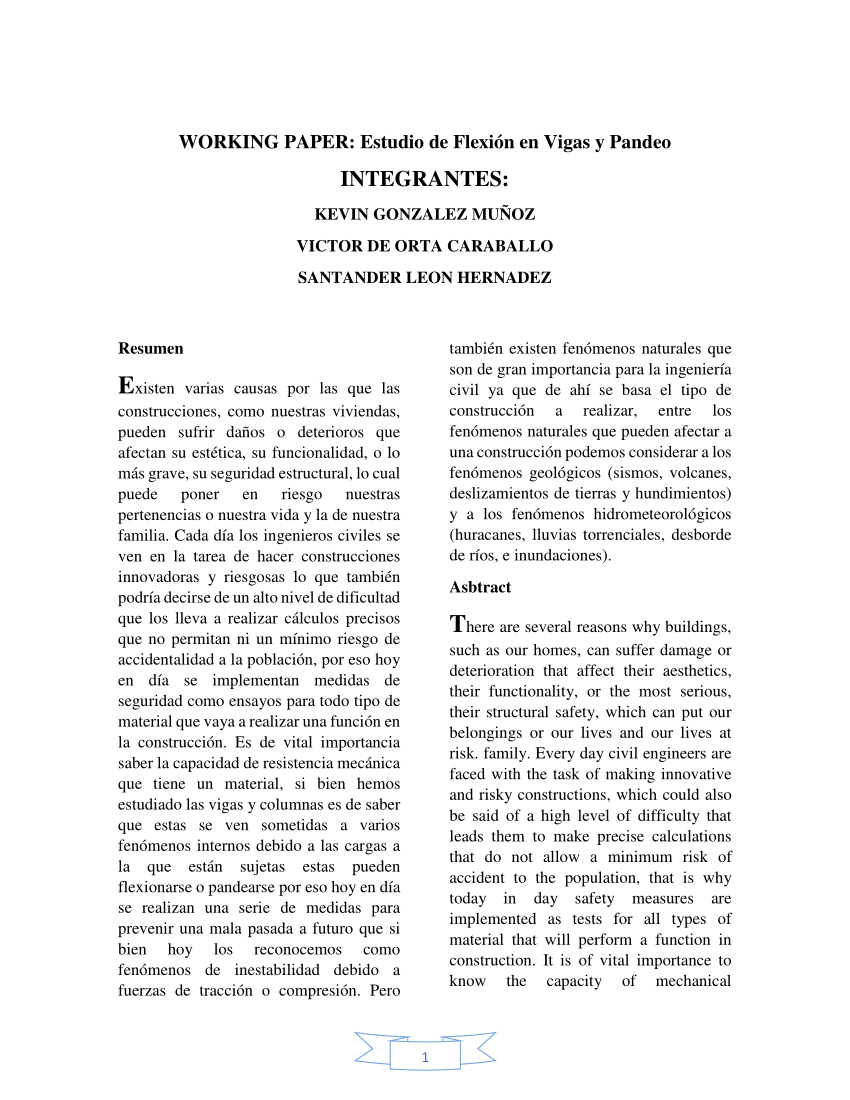 PDF) WORKING PAPER :ESTUDIO DE FLEXIÓN EN VIGAS Y PANDEO