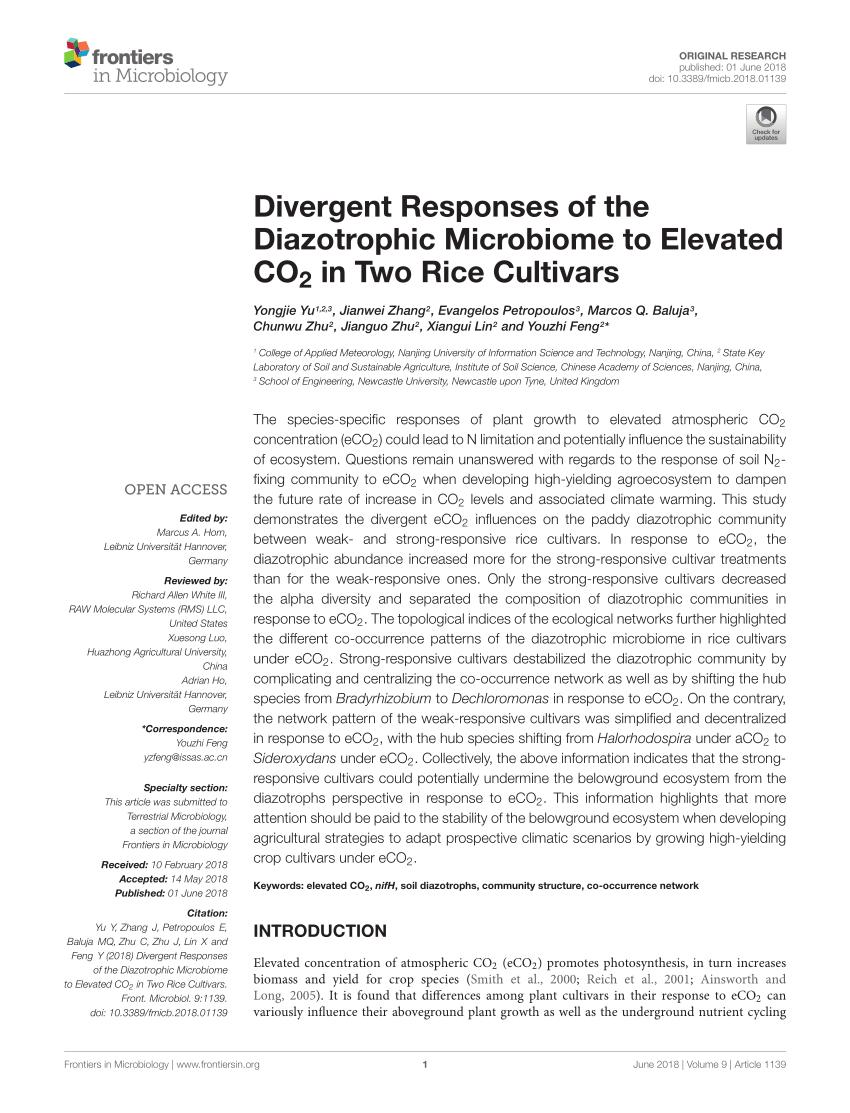 PDF) Divergent Responses of the Diazotrophic Microbiome to Elevated CO2 in  Two Rice Cultivars