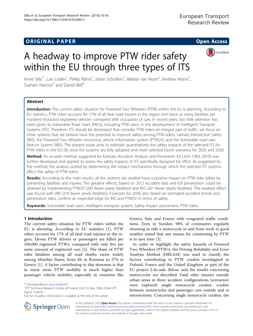 Pdf A Headway To Improve Ptw Rider Safety Within The Eu Through Three Types Of Its