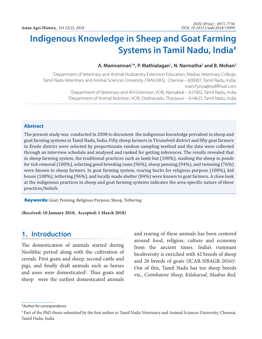 PDF) Indigenous Knowledge in Sheep and Goat Farming Systems in Tamil Nadu,  India