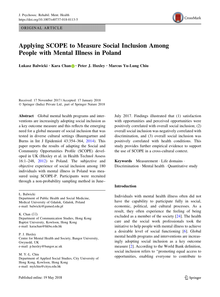 (PDF) Applying SCOPE to Measure Social Inclusion Among People with