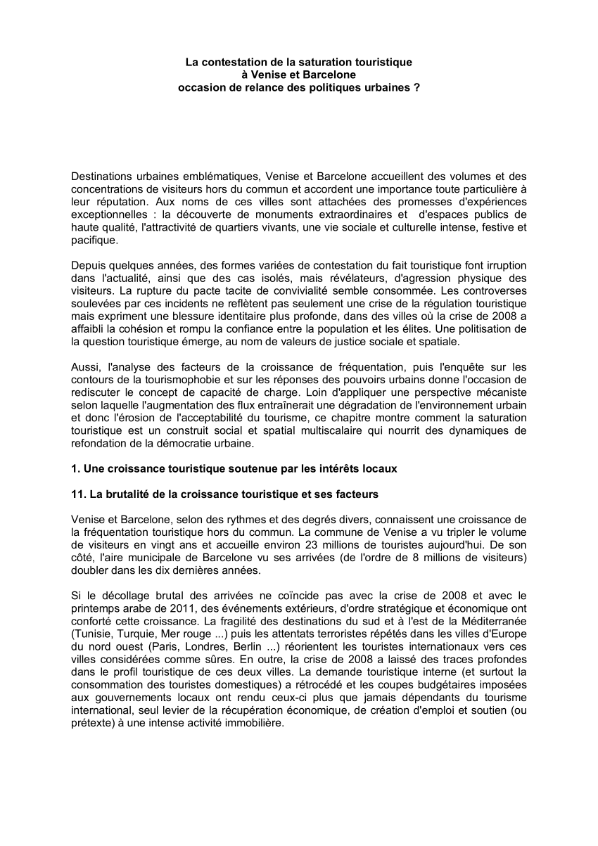 Pdf La Contestation De La Saturation Touristique A Venise Et Barcelone Occasion De Relance Des Politiques Urbaines