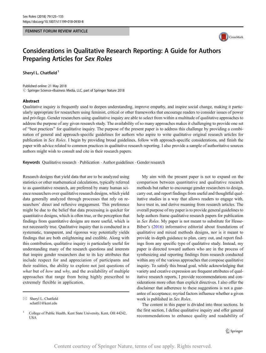 Considerations In Qualitative Research Reporting A Guide For Authors Preparing Articles For Sex