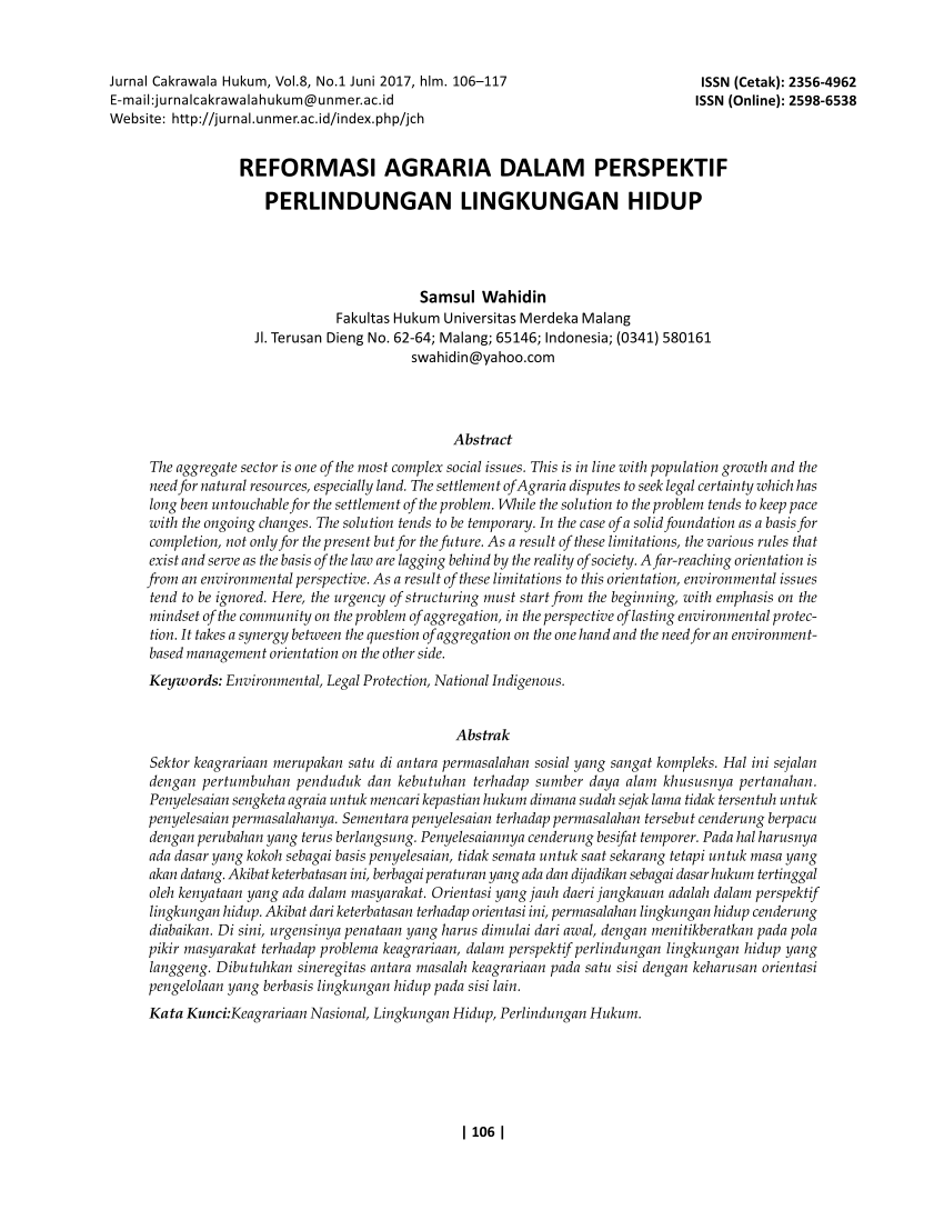 Pdf Reformasi Agraria Dalam Perspektif Perlindungan Lingkungan Hidup