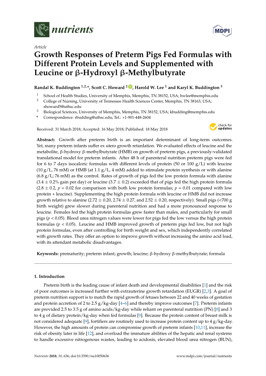 Pdf Growth Responses Of Preterm Pigs Fed Formulas With Different Protein Levels And Supplemented With Leucine Or B Hydroxyl B Methylbutyrate