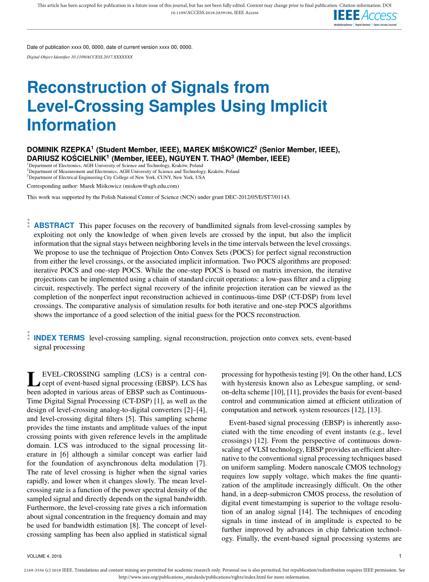 Pdf Reconstruction Of Signals From Level Crossing Samples Using Implicit Information