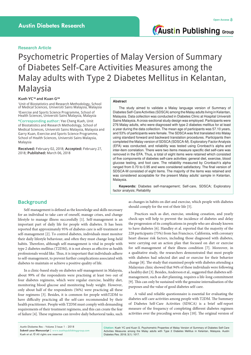 Pdf Psychometric Properties Of Malay Version Of Summary Of Diabetes Self Care Activities Measures Among The Malay Adults With Type 2 Diabetes Mellitus In Kelantan Malaysia