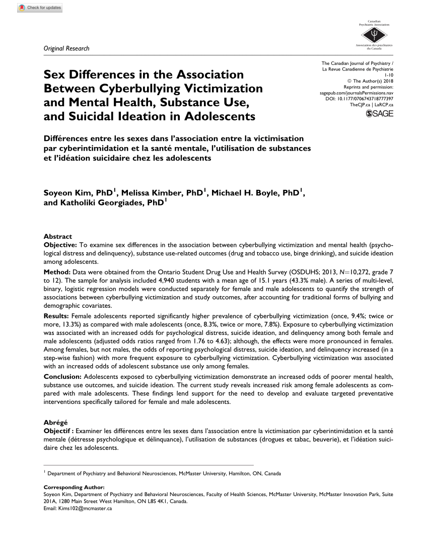Pdf Sex Differences In The Association Between Cyberbullying Victimization And Mental Health 
