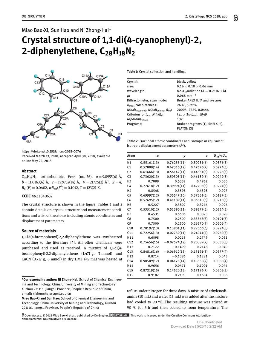 Pdf Crystal Structure Of 1 1 Di 4 Cyanophenyl 2 2 Diphenylethene C28h18n2