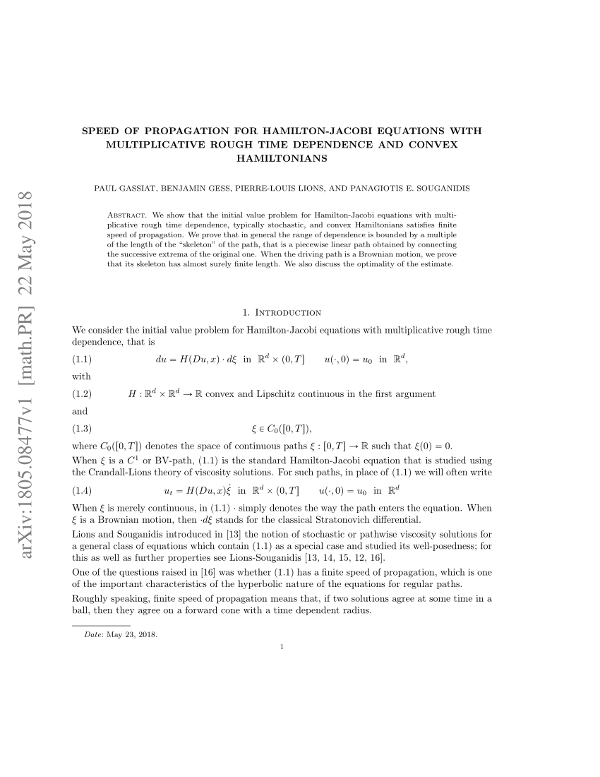 Pdf Speed Of Propagation For Hamilton Jacobi Equations With Multiplicative Rough Time Dependence And Convex Hamiltonians