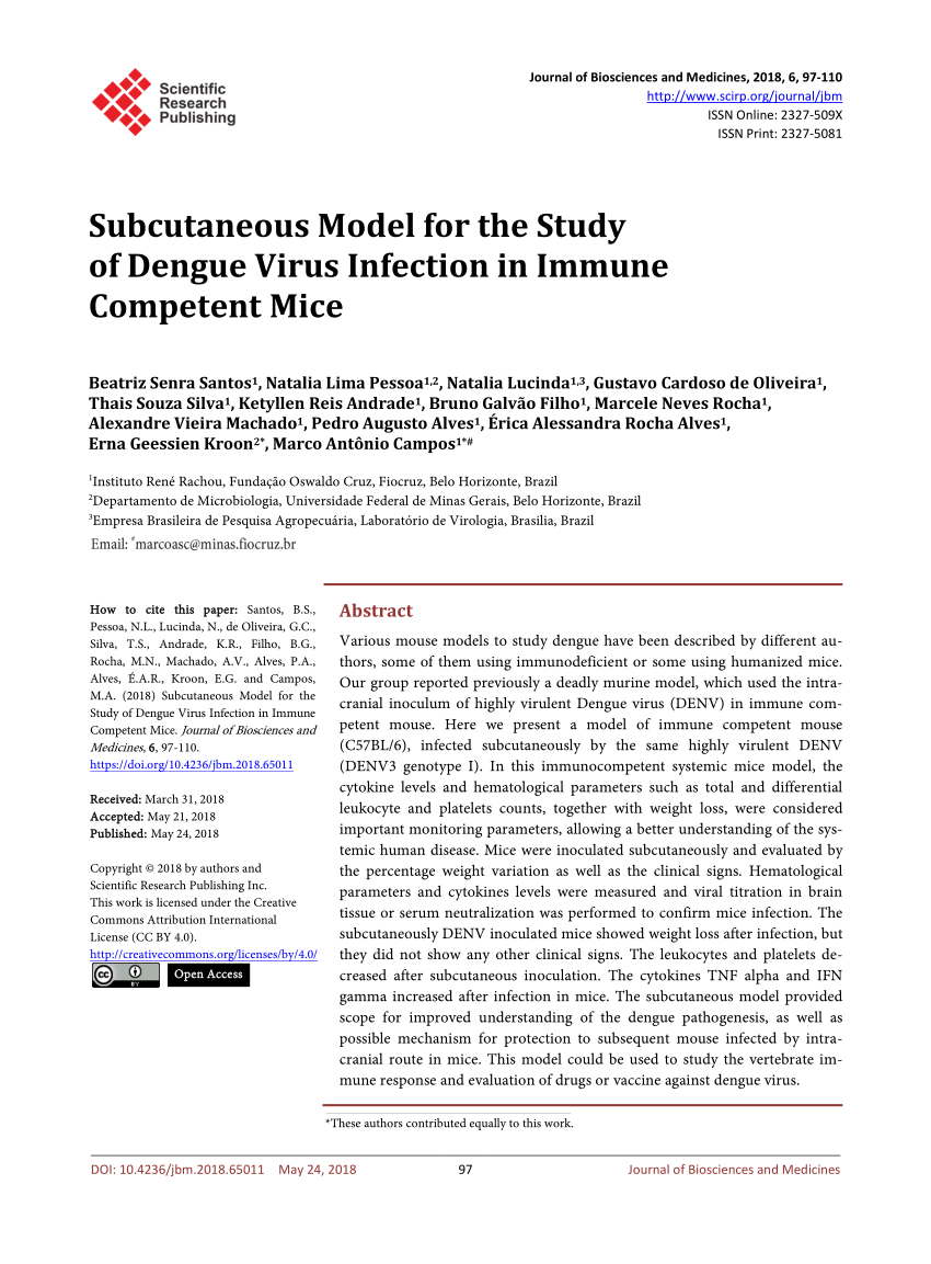 Pdf Subcutaneous Model For The Study Of Dengue Virus Infection In Immune Competent Mice