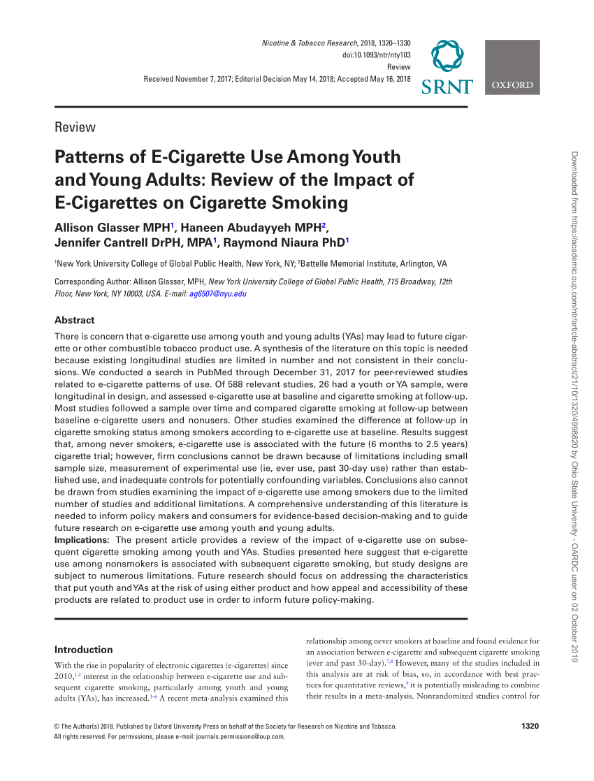 Pdf Patterns Of E Cigarette Use Among Youth And Young Adults Review Of The Impact Of E Cigarettes On Cigarette Smoking