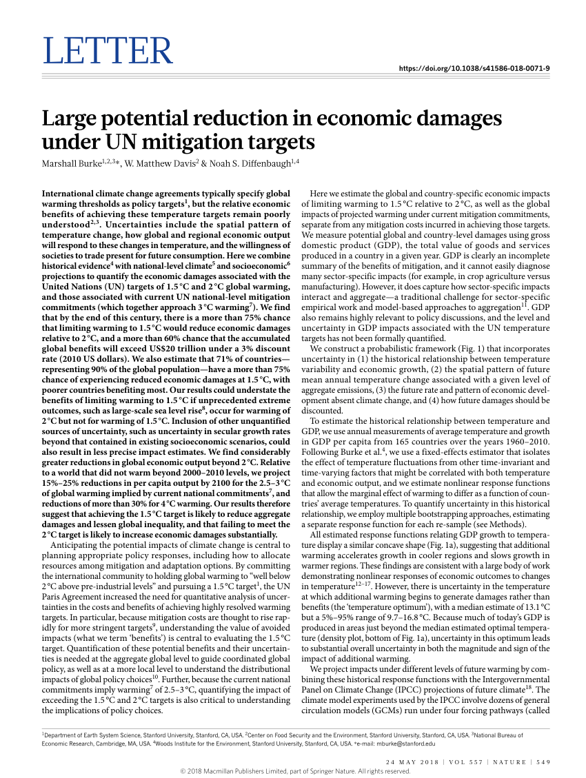 Large Potential Reduction In Economic Damages Under Un Mitigation Targets Request Pdf