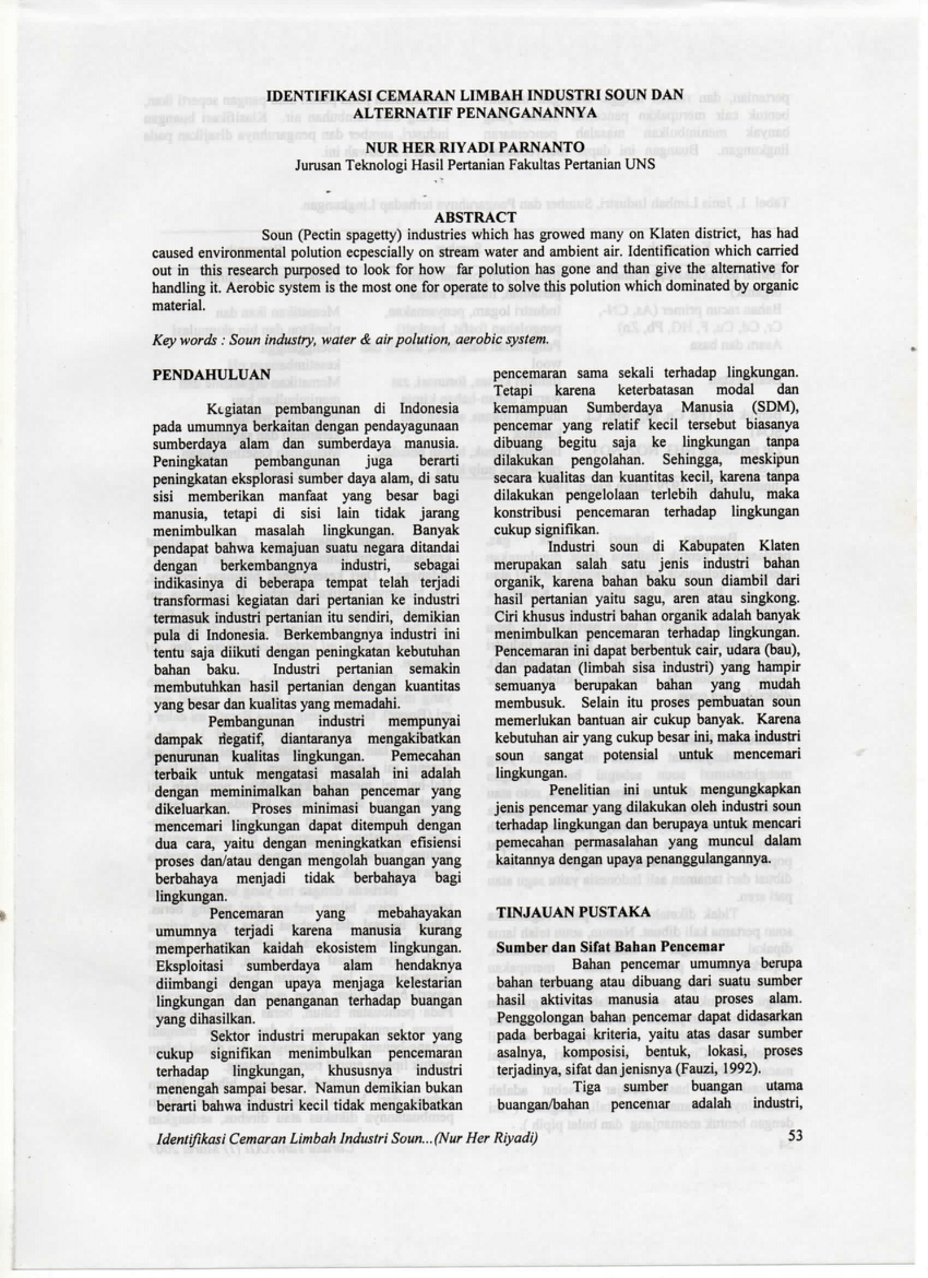 Pdf Identifikasi Cemaran Limbah Industri Soun Dan