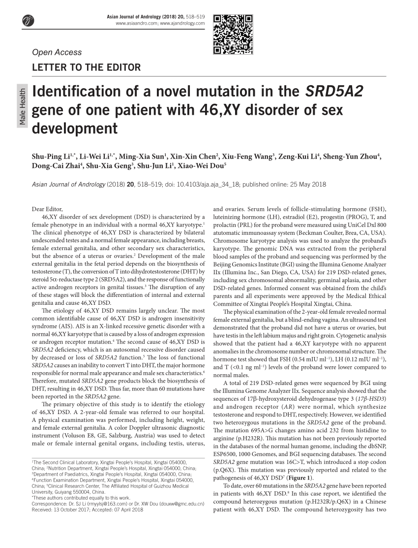 Pdf Identification Of A Novel Mutation In The Srd5a2 Gene Of One Patient With 46xy Disorder 