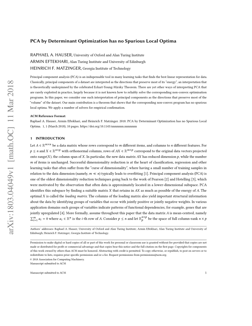 Pdf Pca By Determinant Optimization Has No Spurious Local Optima