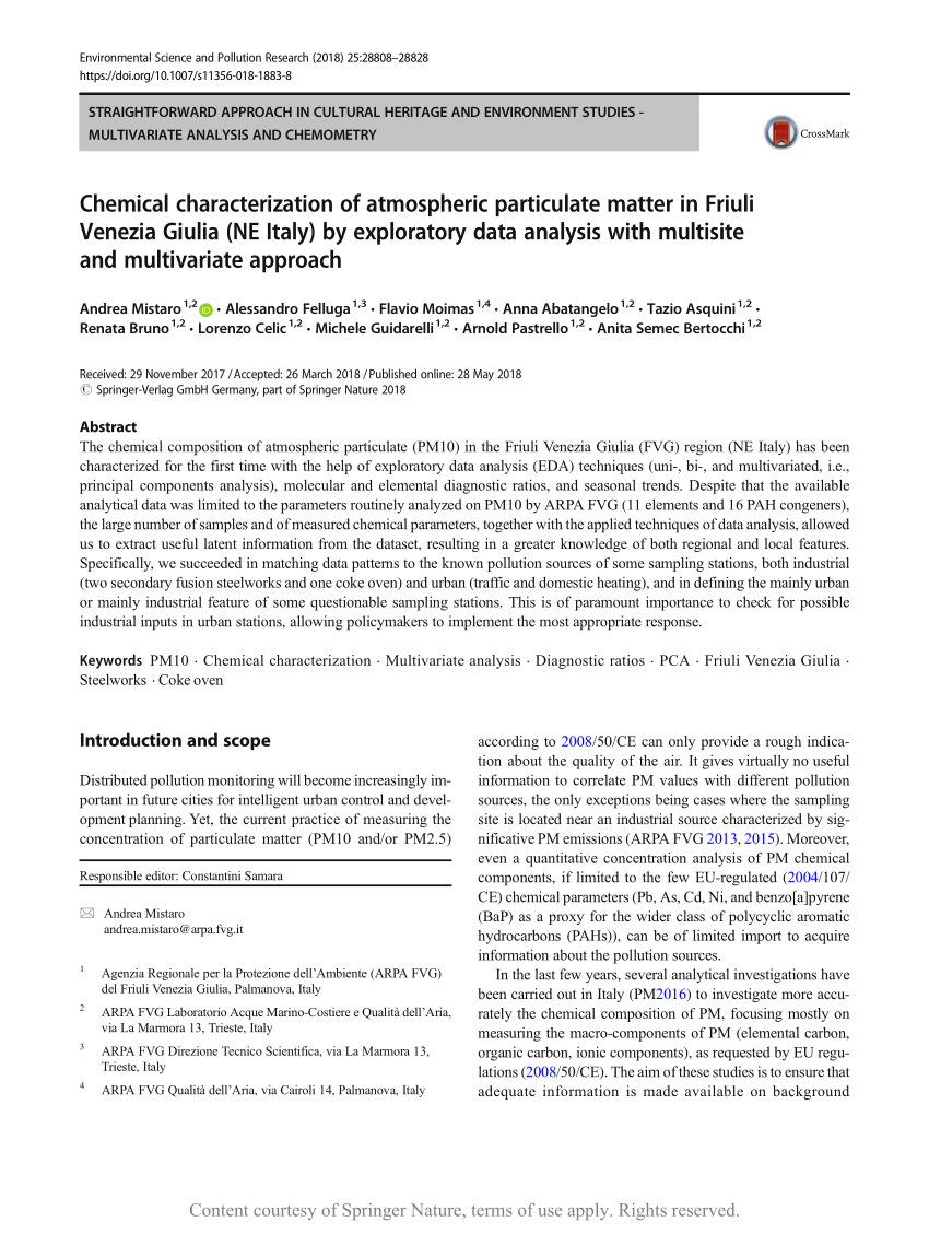 Chemical characterization of atmospheric particulate matter in Friuli  Venezia Giulia (NE Italy) by exploratory data analysis with multisite and  multivariate approach