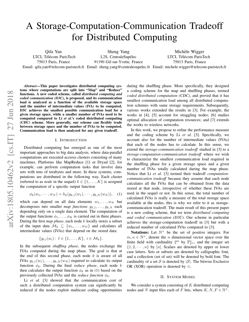 PDF A Storage Computation Communication Tradeoff for Distributed