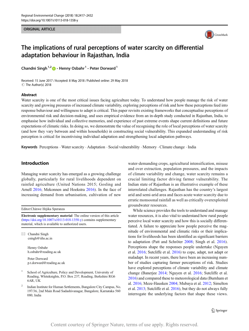 Pdf The Implications Of Rural Perceptions Of Water Scarcity On Differential Adaptation Behaviour In Rajasthan India