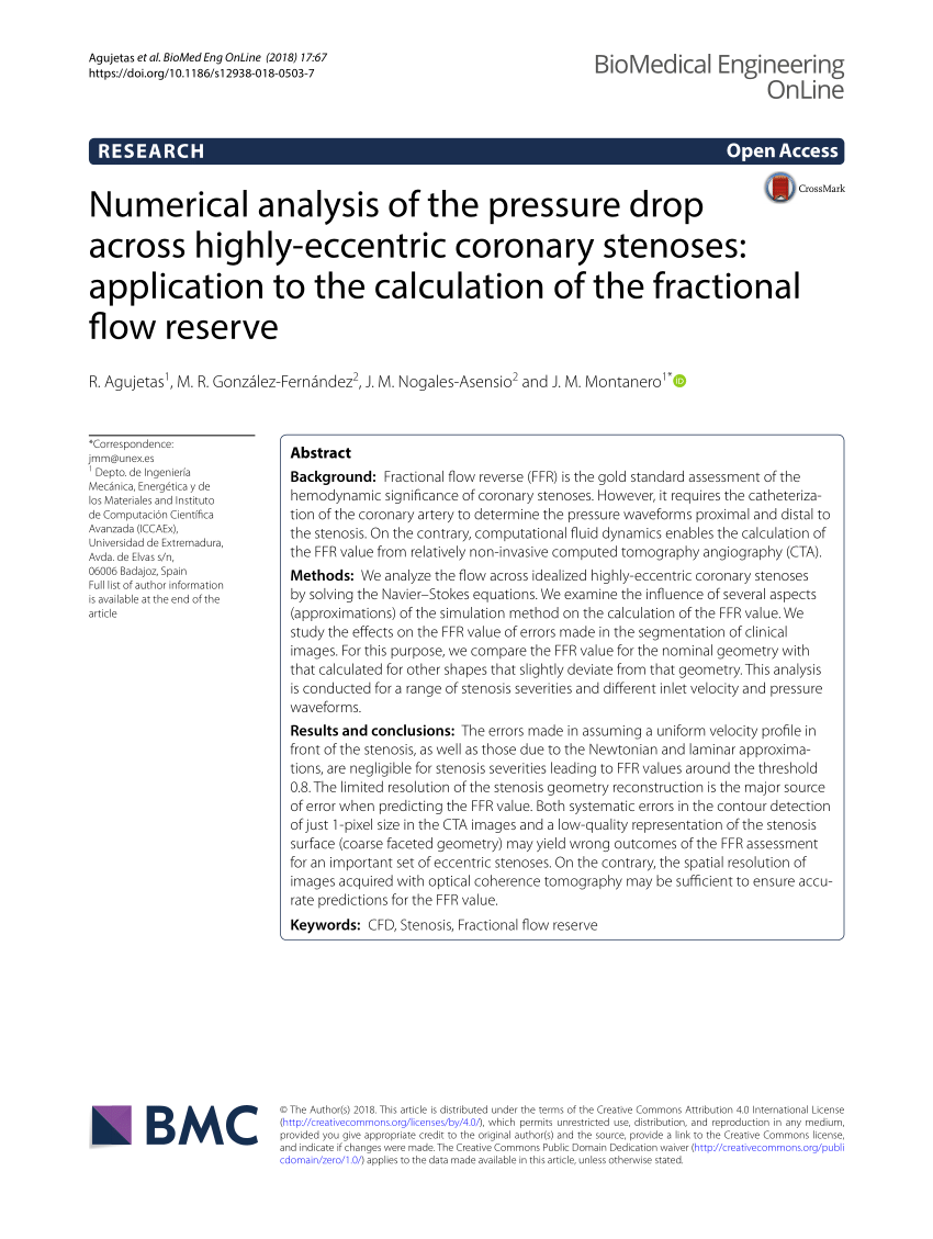 Pdf Numerical Analysis Of The Pressure Drop Across Highly Eccentric Coronary Stenoses Application To The Calculation Of The Fractional Flow Reserve