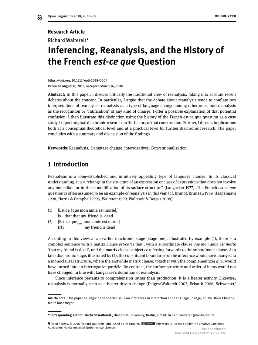 (PDF) Inferencing, Reanalysis, and the History of the French est-ce que  Question