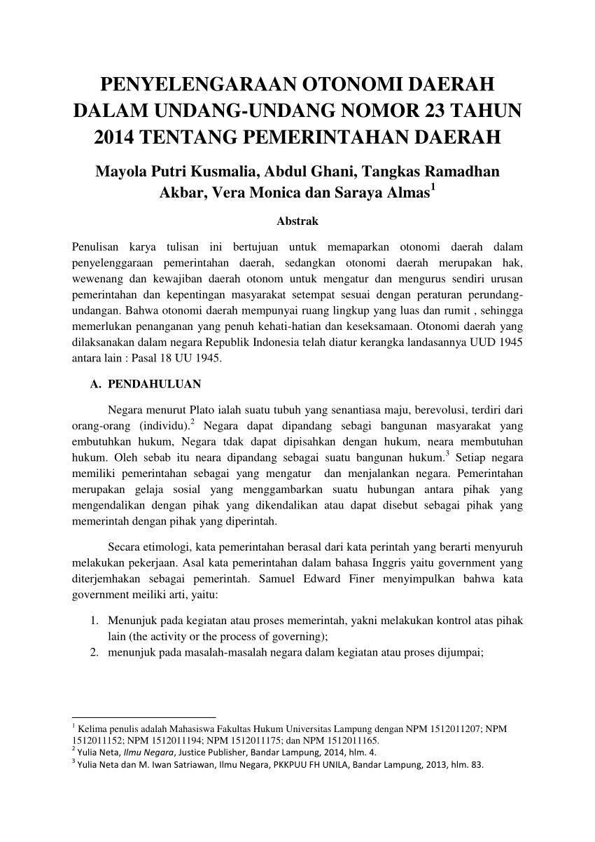 Pdf Penyelengaraan Otonomi Daerah Dalam Undang Undang Nomor 23 Tahun 2014 Tentang Pemerintahan Daerah