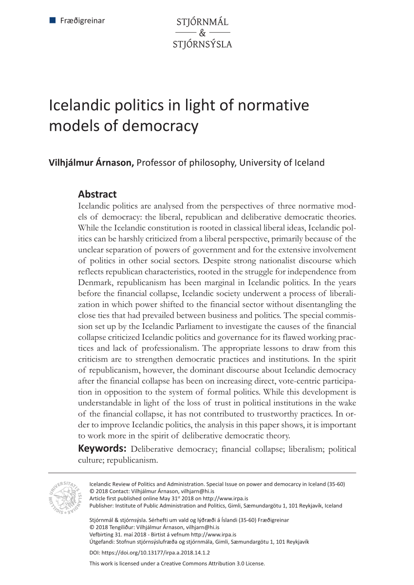 Pdf Icelandic Politics In Light Of Normative Models Of - 