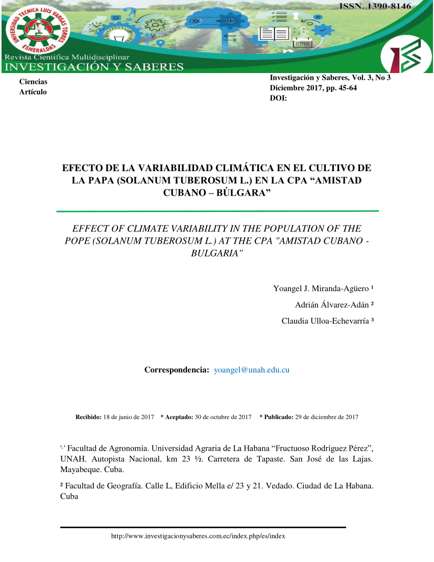 Pdf Efecto De La Variabilidad Climatica En El Cultivo De La Papa Solanum Tuberosum L En La Cpa Amistad Cubano Bulgara