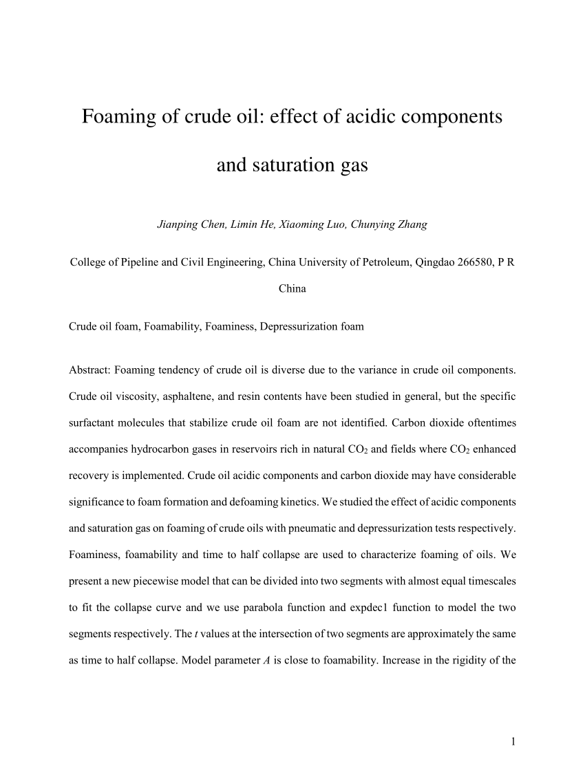 Pdf Foaming Of Crude Oil Effect Of Acidic Components And Saturation Gas