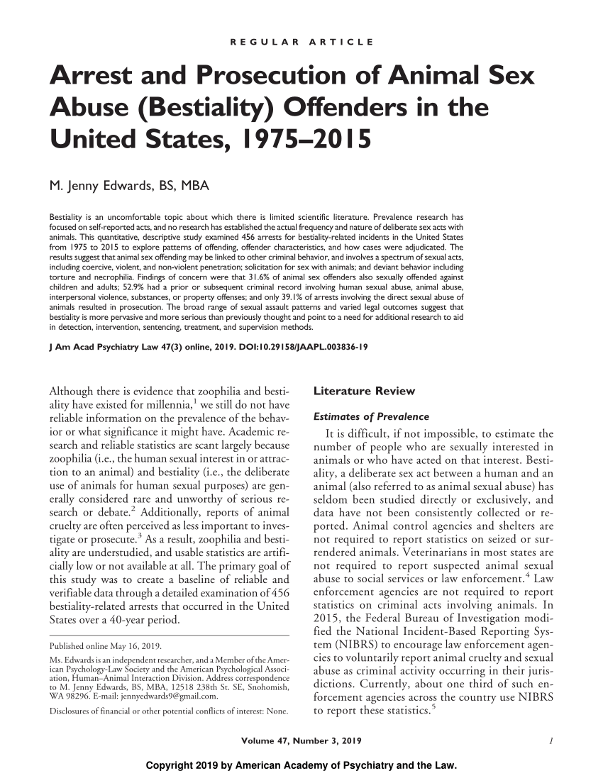 PDF) ARREST AND PROSECUTION OF ANIMAL SEX ABUSE (BESTIALITY) OFFENDERS IN THE USA, 1975-2015 photo image