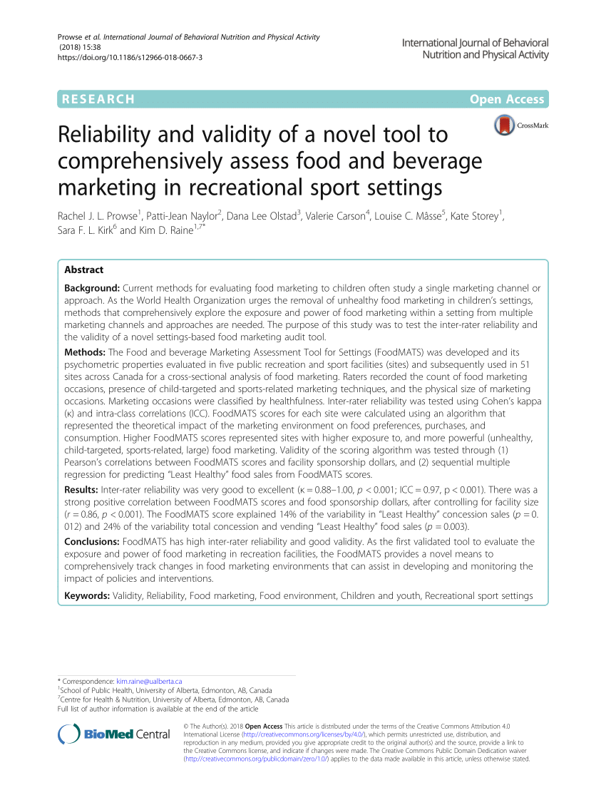 PDF) Reliability and validity of a novel tool to comprehensively assess food and beverage marketing in recreational sport settings