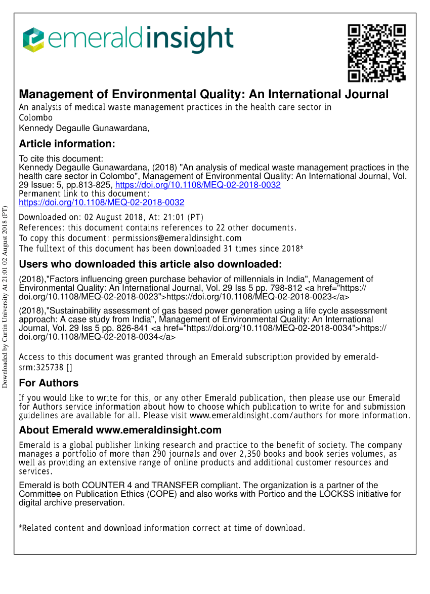 Pdf An Analysis Of Medical Waste Management Practices In The Health