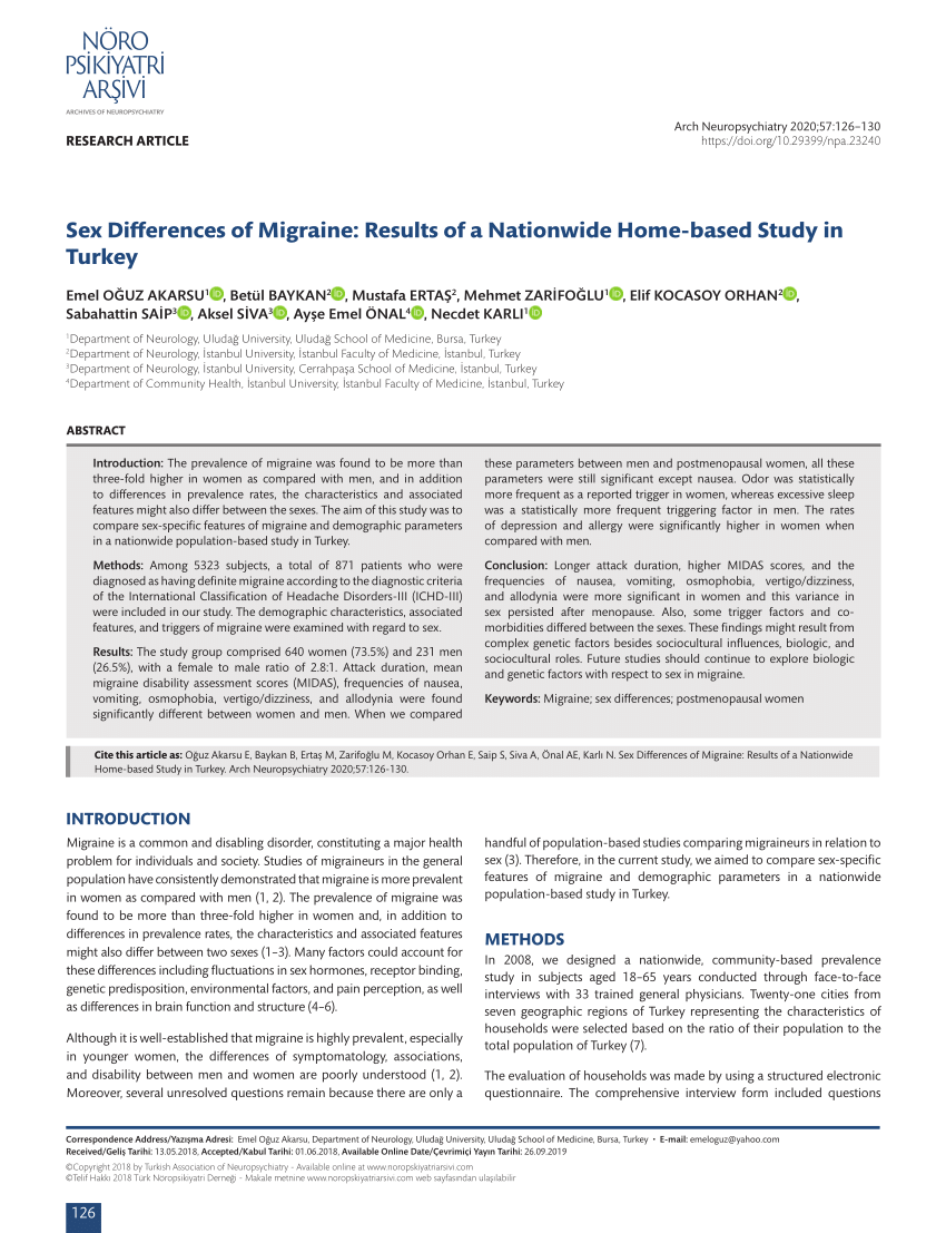 PDF) Sex Differences of Migraine: Results of a Nationwide Home-based Study  in Turkey