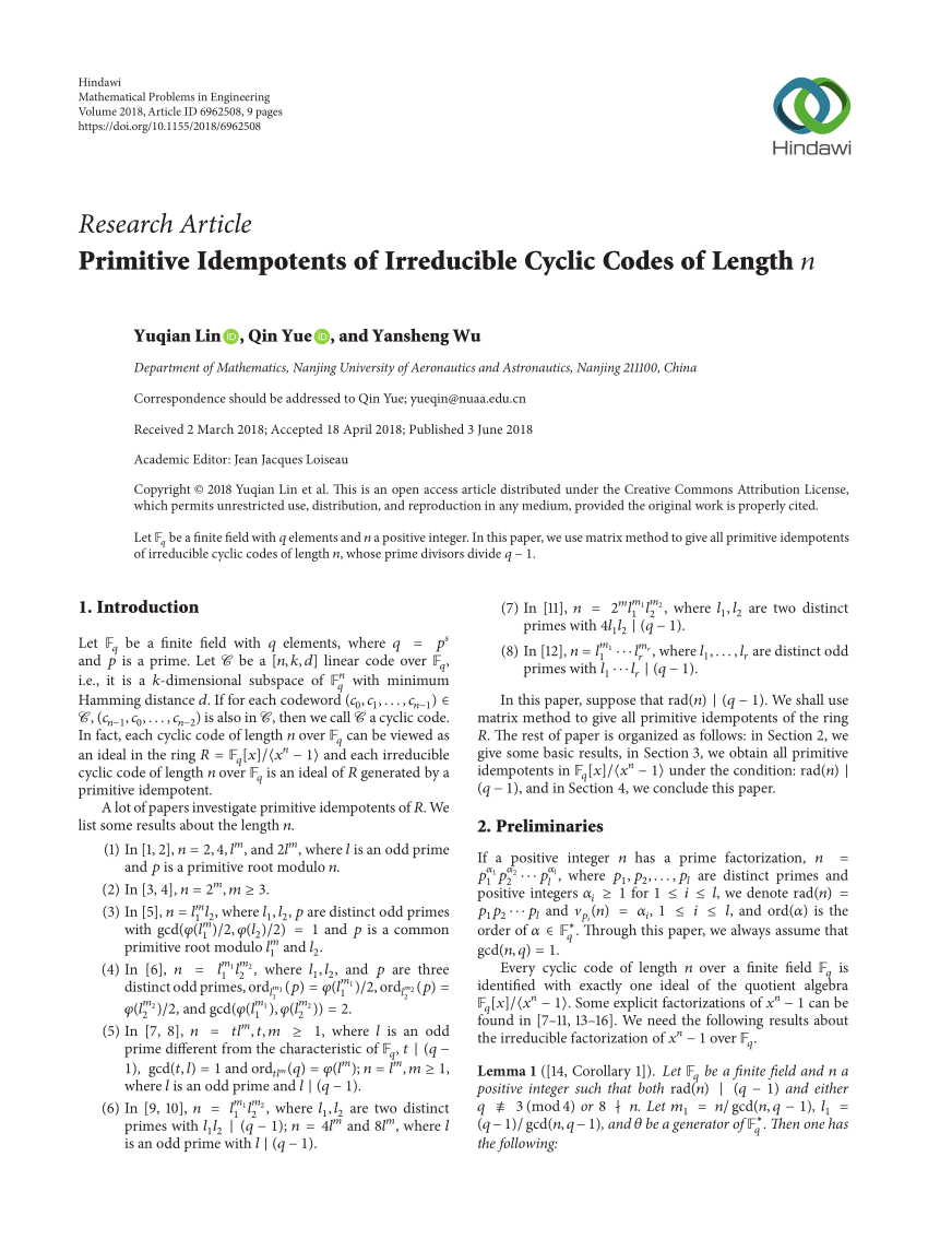 Pdf Primitive Idempotents Of Irreducible Cyclic Codes Of Length N