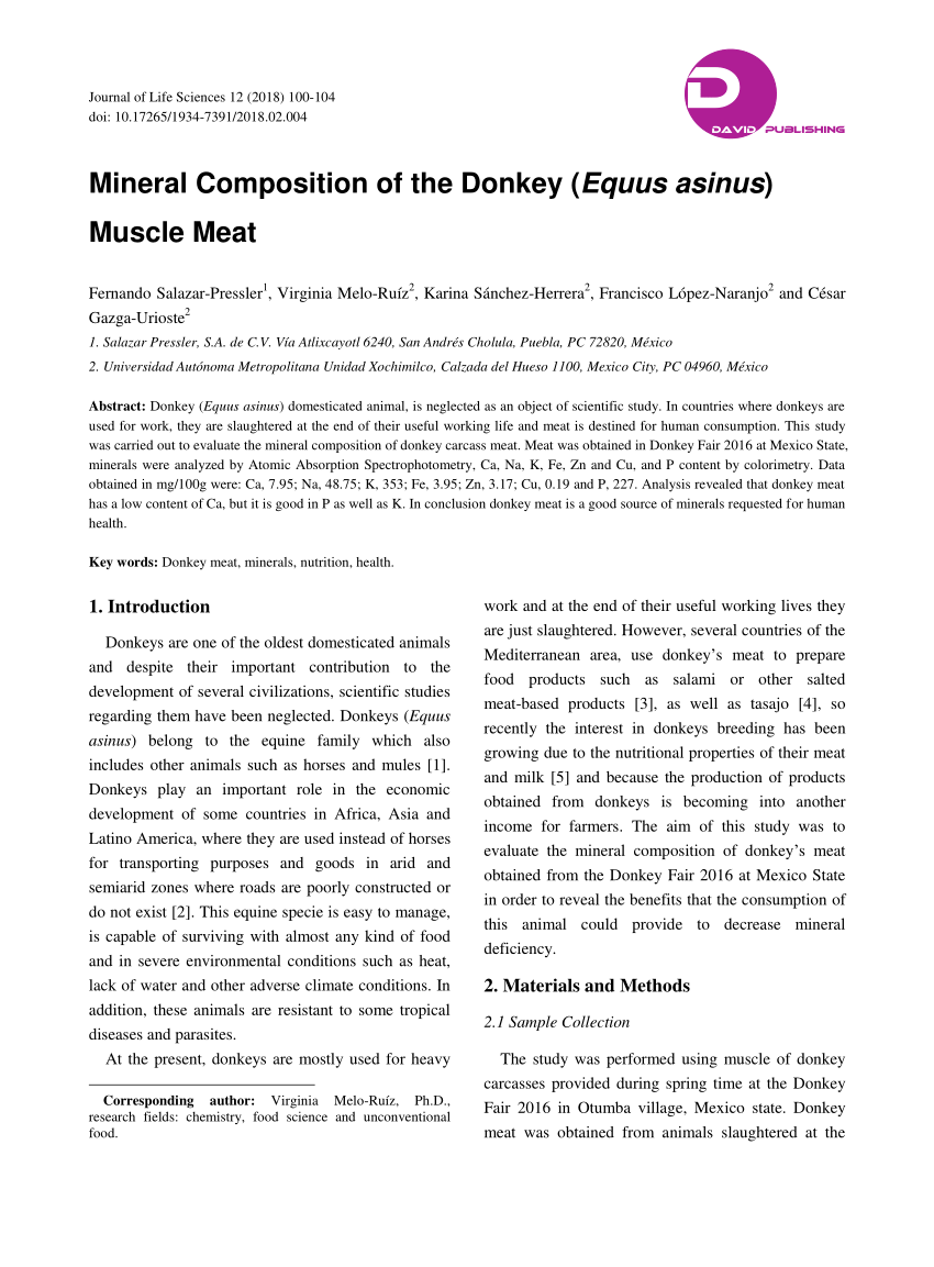 PDF Mineral Composition of the Donkey Equus asinus Muscle Meat 